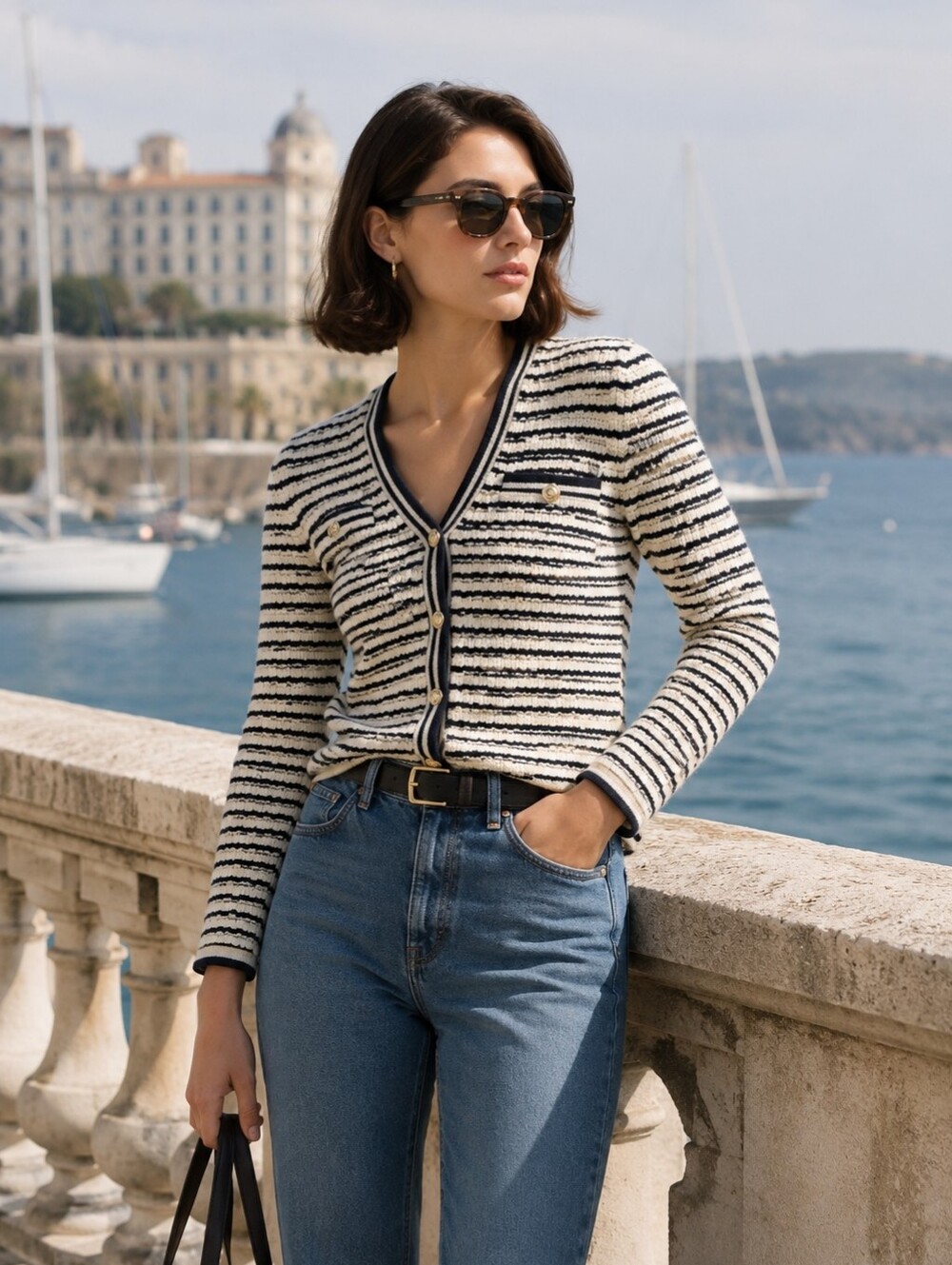 Maje Striped Knit V-neck Cardigan Quiet Luxury Old Money Nautical Women's S